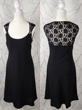 Evan Picone Black Georgette Lace Panel Streamline Midi Dress